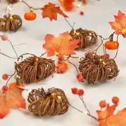 Thanksgiving Table Decor Rattan Pumpkin Berry Maple Leaves String Lights Batt...