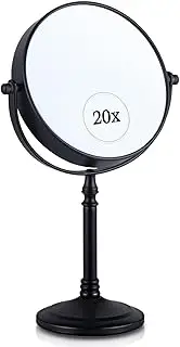 MIRRORVANA 20X Magnifying Dressing Table Mirror for Makeup - Double Sided 20X/1X, Free Standing Mirror for Vanity and Bathroom - 15cm Wide & 30cm Tall (Black)