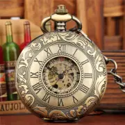 Vintage Style Men Skeleton Hand-Wind Mechanical Pocket Watch Chain Double Hunter