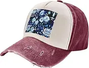 [YANYU] Blue Flower Pattern Roses Print Fashion Washed Distressed Baseball Cap Vintage Adjustable Hat with Classic Brim, Dark Red, One Size