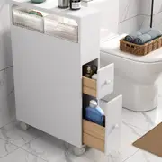 TOOLKISS Bathroom Side Cabinet Toilet Caddy with Storage Drawers - White - Slim Space-Saving Mirror Cabinet - Waterproof & Removable Bath Organizer for Shampoo, Makeup, Toilet Paper
