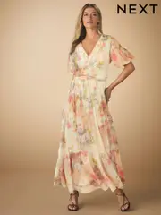 Off White Smudge Floral Print Mesh Pleated Puff Sleeve Waist Detail Occasion Midi Dress (AJ2362) | $135