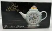 Gift Gallery Porcelain Teapot w Clock Face and Rose Lid New Old Stock VTG 6”x8”