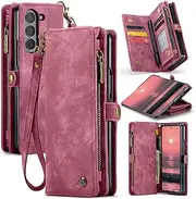 [Hongxinyu] Wallet Case for Samsung Galaxy Z Fold6 2024, Zipper Purse Leather Case with Magnetic Detachable Shockproof TPU Bumper Shell Cover Compatible with Samsung Galaxy Z Fold 6 (Red)