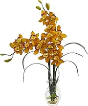 Nearly Natural 1614-YL Double Cymbidium Orchid in Vase Arrangement Artificial Plant, Yellow