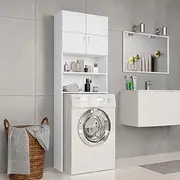 Washing Machine Cabinet in White - 64x25.5x190 cm Engineered Wood | Optimal Bathroom Storage with Spacious Organizer Shelves & 2 Doors Over Washer