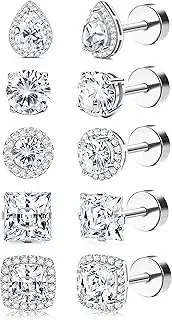 [Sanfenly] 5 Pairs Flat Back Stud Earrings 20G/18G Surgical Steel Cubic Zirconia Stud Earrings with Screw Backs for Women Square Teardrop Halo Earrings Studs Cartilage Ear Stud Piercing Flat Back Earrings Gold/Silver Tone
