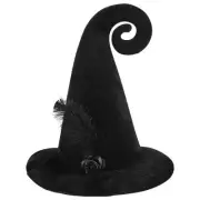 Black Curly Witch Hat with Feather, Witch Wizard Hat for Women, Halloween Cos...