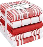 Cotton Clinic Assorted Kitchen Towels 5 Pack – Soft Absorbent Quick Drying Table and Kitchen Linen - Dish Towels, Dish Cloths, Tea Towels and Cleaning Towels with Hanging Loop – 16x28 / Red White