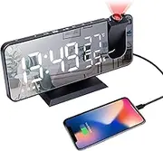 FOHOA Radio Alarm Clock,7.3” Large Mirror LED Display,Projection Digital Clock for Bedrooms,,with Projection on Ceiling, Dual Alarms, USB Charger Port, Temperature & Humidity Display,Adjustable Brightness