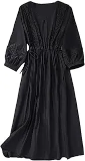 [Mkjuuior] Vintage Simple Long Dress Lace-Up V-Neck Dress Oversized A-Line Bohemian Beach Dress