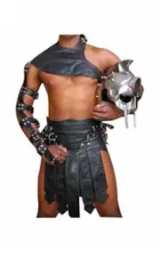 Mens Real Cowhide Leather Black Roman Gladiator Kilt Set Halloween Costume LARP