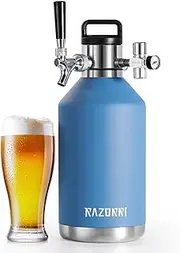 Razorri 128oz Stainless Steel Beer Growler, Double-Wall Vacuum Insulated Carbonated Keg with Professional Bar Tap and Pressurized CO2 Regulator, 1 Gallon, Ocean Blue