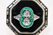New Made 18k Gold Natural Old Cut Diamond And Caliber Cut Emerald Ring