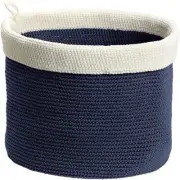 New INTERDESIGN ELLIS Hand Knit STORAGE BIN Round Linen Organizer Navy & Ivory