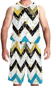 [KQNZT] Basketball Jersey with Shorts, Jersey Shorts Outfit Set, Men's Basketball Jersey, Modern Blue Gold Wave Geometric Stripes