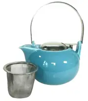 Teavana Teal Blue Teapot Porcelain China Strainer Stainless Steel Handle 16 oz.