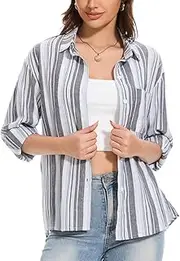 [YOUNIFIZ] Womens Striped Linen Shirts Button Down Long Sleeve Collared Oversized Work Office Blouses Button Up Tops