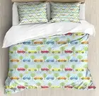Duvet Cover Set, Checkered Background with Cars Trees Sun Open Sky Abstract