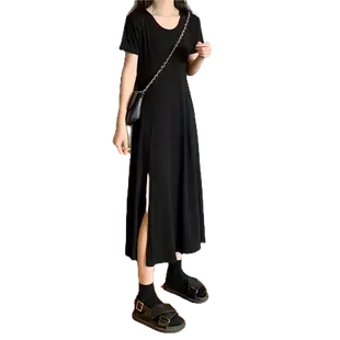 【梨卡】女裝 洋裝 連身裙 長裙 夏天洋裝 短袖洋裝 黑色洋裝 顯瘦洋裝 休閒洋裝 開衩洋裝 BR1186【現貨24H】