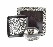 4-Piece Kitchen Dinnerware Set Service,Plates, Bowls,Black (Petal Printing)