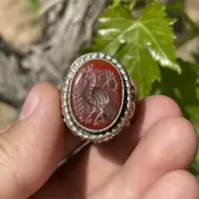 Stunning Ancient Agate Stone Animal Engravings Rare Solid Silver Ring