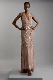 Petite Metallic Embellished And Beaded Halter Maxi Dress