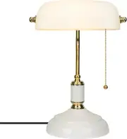 White Glass Bankers Desk Lamp, Vintage Reading Table Lamp, Classic Bedside Light