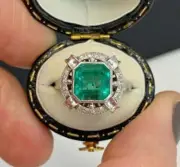 Argentium 3 Ct Colombian Green Lab Created Emerald Old Mine Cut Ring