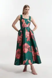 Floral Jacquard Twill Corseted Woven Maxi Dress