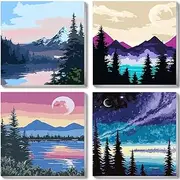 Paint by Numbers Kits, Paint by Number for Adults Canvas with Frame, Easy DIY Acrylic Paint by Numbers, 4 Pack Moon Mountain Lake Landscape Oil Painting for Kids & Adults Beginners (8x8 Inch)