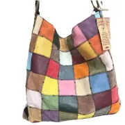 Vintage Lucky Brand Checkered Patchwork Leather Tote Bag Multicolor Boho NWT