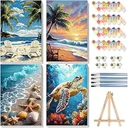 4 Pack Paint by Numbers for Adults with Framed Canvas-with Wooden Easel,Beach Paint by Number on Canvas,DIY Sea Turtle Acrylic Oil Painting Kits with Brushes for Home Wall Decor(8x12inch)