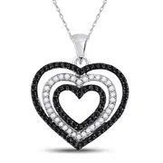 14k White Gold Black Diamond Triple Nested Heart Pendant 5/8 Cttw