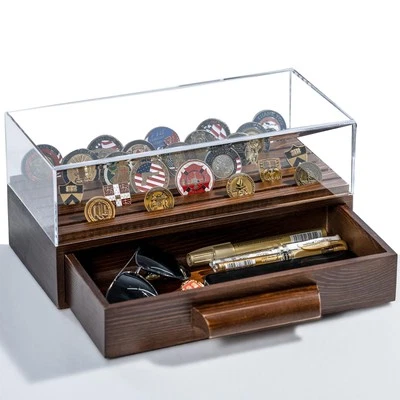 Wooden Challenge Coin Display Case with Clear Cover - Medium Military Coin Di...