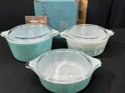 Vintage Pyrex Butterprint Complete Set of 3 Casseroles 470•19 Turquoise