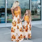 Mommy and Me Dresses Tie Dye Sunflower Casual Print Black White Sleeveless Midi Mommy And Me Outfits Active Matching Outfits