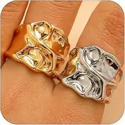 [SAVNOJW] 2 Pcs Dainty Gold Silver Y2k Rings Jewelry Set for Women, Unique Thick Open Stackable Rings Chunky Hollow Irregular Geometric Ring Party Jewelry Gifts