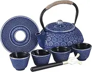 Blue Floral Cast Iron Teapot Set Japanese Style Tetsubin Tea Kettle with 4 Cups, Stainless Steel Infuser for Stove Top Tea Brewing 26 oz