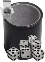 (6) 16mm Pearl Marbleized Dice + Black PU Leather Grey Felt Lined Cup Gift Boxed