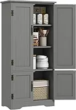 HOMCOM 48.5" Kitchen Pantry Cabinet, Compact Farmhouse Storage Cabinet Organizer with 2 Adjustable Shelves and 4 Beadboard Doors for Dining Room, Gray