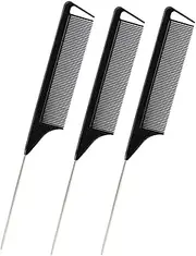 Reayou 3 PCS Black Tail Combs,Carbon Fiber Stainless Steel Pintail Comb and Heat Resistant Teasing Comb,Metal Parting Combs for Hair Styling Barber Salon Hairdressing Tools