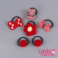 在飛比找Yahoo奇摩購物中心優惠-UNICO 兒童 紅色免子蝴蝶結花花球球造型髮圈6入組