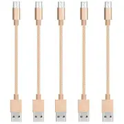 5 Pack 20cm Short Data Transfer Charger Charging Micro USB Cable Cord for Android Phone Device Tablet Bulk Braided Gold Nylon
