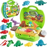 2 in 1 Dinosaur playdough Toys, 37 Pieces Dino Theme Play Dough Tools and molds Accessories with Volcano and Fossils for Boys and Girls