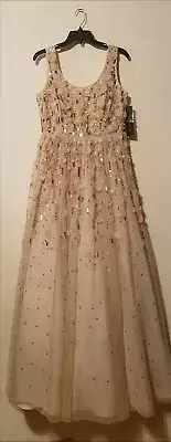 NWT Aidan Mattox Rosette Beaded Evening Gown Champagne sz 8