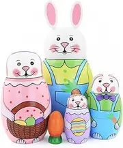 Set of 5 Cute Bunny Russian Nesting Dolls,Easter Rabbit with Carrot Wooden Matryoshka Dolls for Kids Stacking Dolls Toy Christmas Birthday Toy Gift Home Decoration