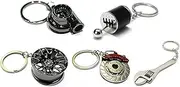 GT//Rotors Five Piece Auto Parts Keychains - Turbo, Six Speed Manual Gearbox Stick Shift, Wheel, Red Brake Rotor, Mini Wrench