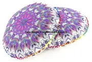 2 PC Feather Mandala Print Round Floor Pillows Indian Pom Lace Cushion Pouf Boho