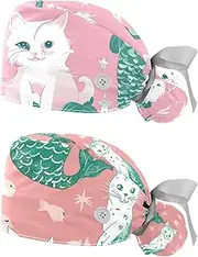 [YTYVAGT] 2-Pc,Nurse Scrub Caps,Scrub Hats with Buttons and Cotton Sweatband,Cat Mermaid Unicorn